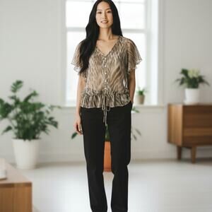 Lucky Brand Women's Ikat Print Lace Up Peplum Top Black Ivory Size S (2-6)